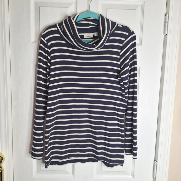 L.L. Bean Navy Blue Striped Cowl Neck Sweater Size Medium - Picture 2 of 7